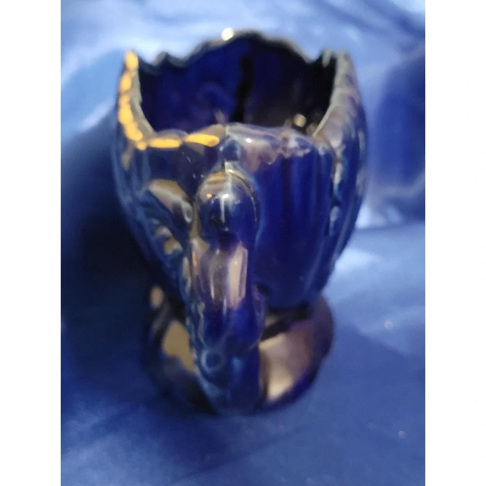 Porcelain Decorative Bowl Cobalt Blue with Hand-painted Gold Trim and Birds